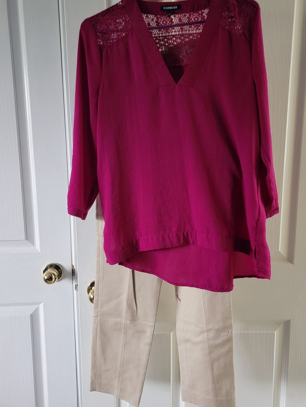 Express Women's Magenta Lace-Trim V-Neck Blouse